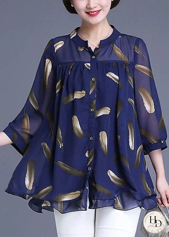 Plus Size Navy Print Wrinkled Patchwork Chiffon Blouse Tops Summer