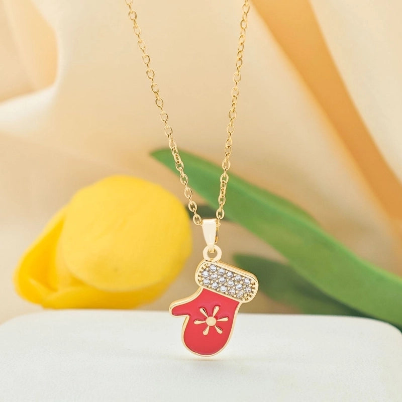 Titanium Steel Copper Cable Chain Enamel Inlay Christmas Hat Santa Claus Christmas Socks Pearl Zircon Pendant Necklace