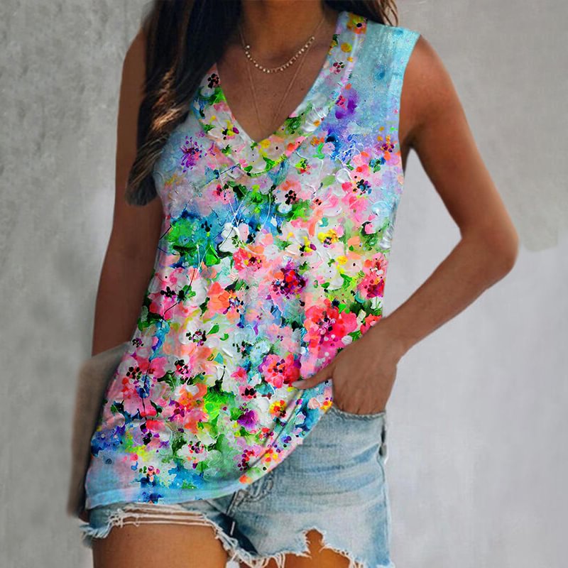 Oil Painting Floral Printed V-neck Women's Vest