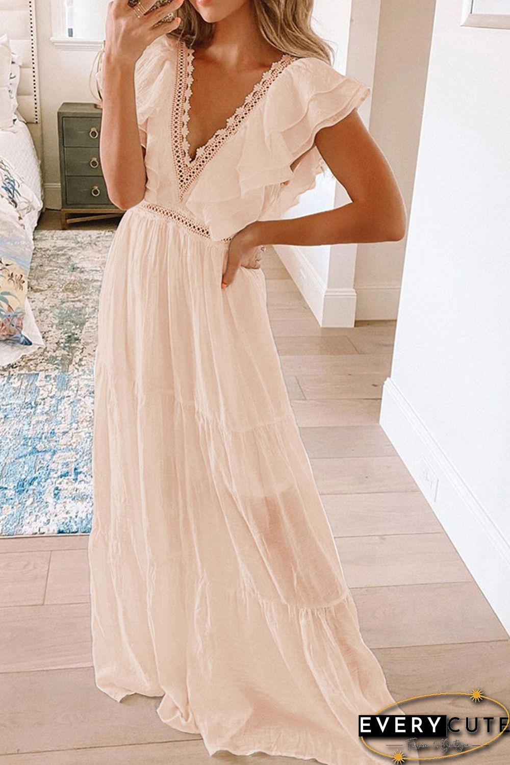 Pink Lace Splicing Ruffled Deep V Neck Maxi Dress