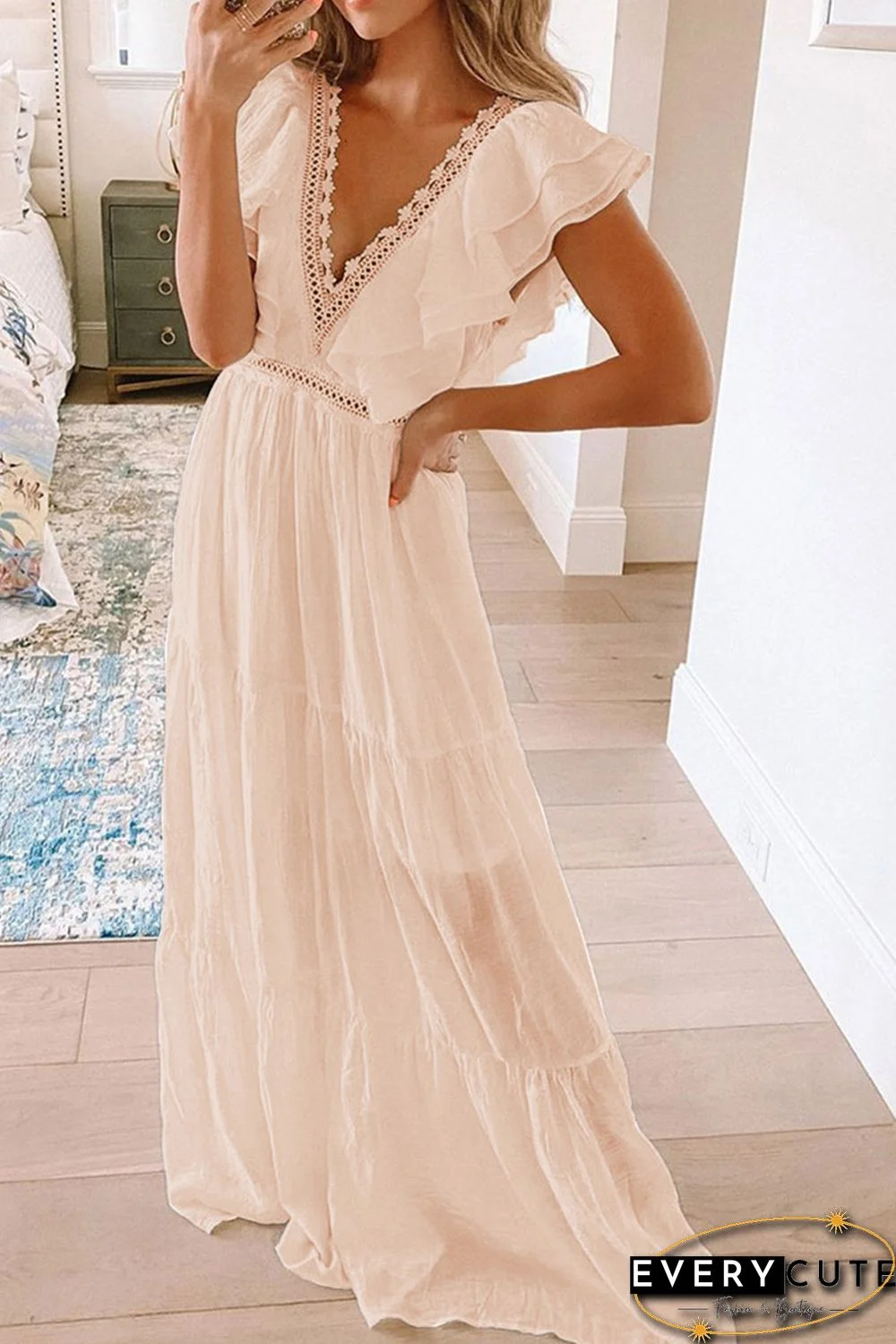 Pink Lace Splicing Ruffled Deep V Neck Maxi Dress