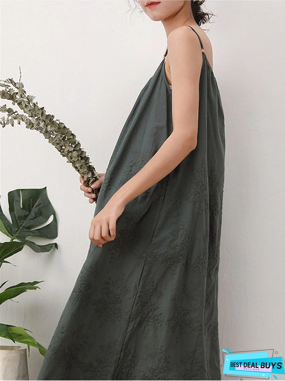 Fresh and Sweet Pure Color Dress Embroidered Loose Cotton Linen Skirt