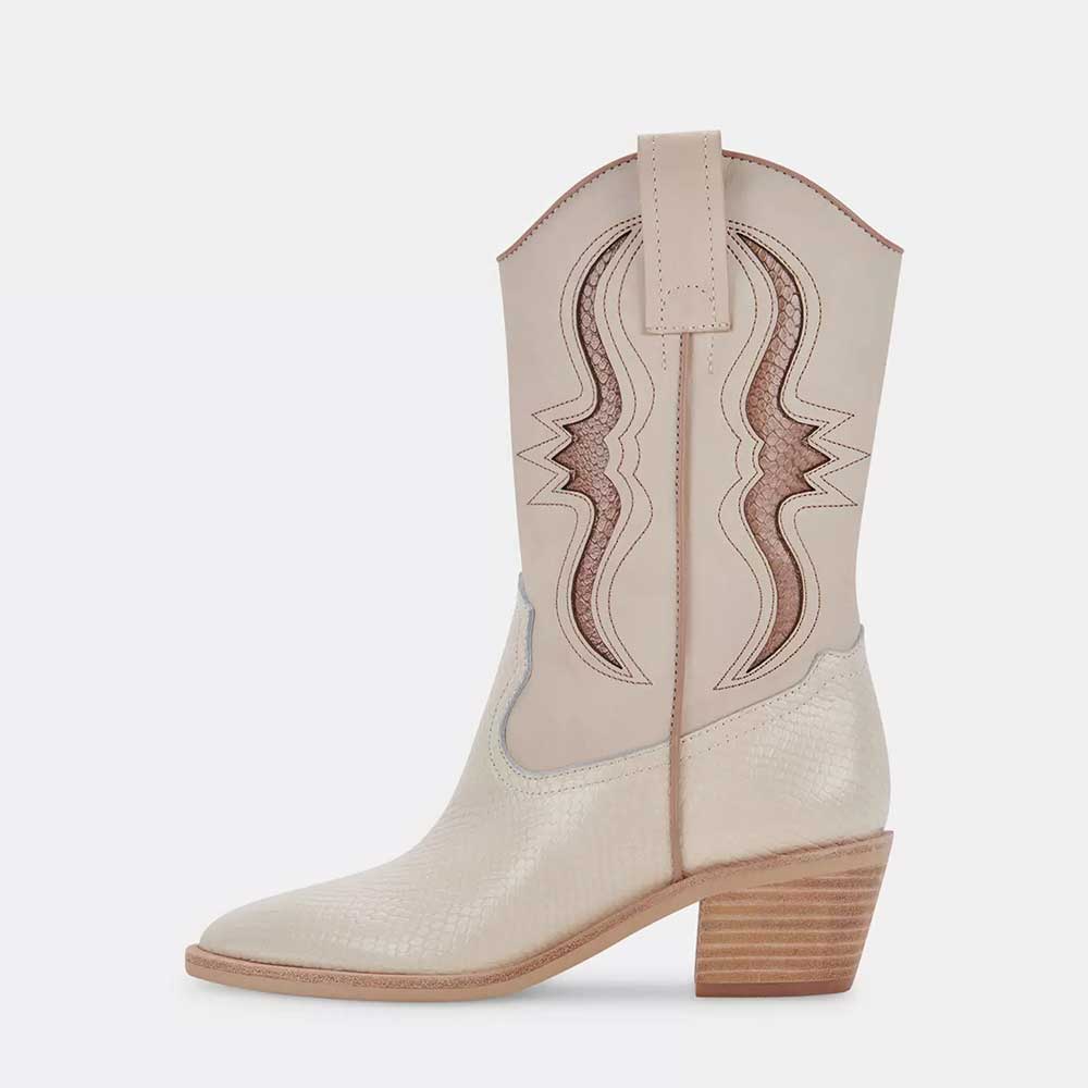 Ivory Vegan Leather Pointed Toe Chunky Heel Python Cowgirl Boots Nicepairs