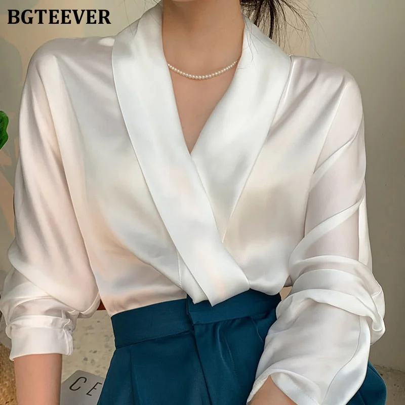 BGTEEVER Elegant V-neck Satin Women Blouses 2021 Autumn Ladies Blusas Full Sleeve Loose Office Wear Female Shirts Tops