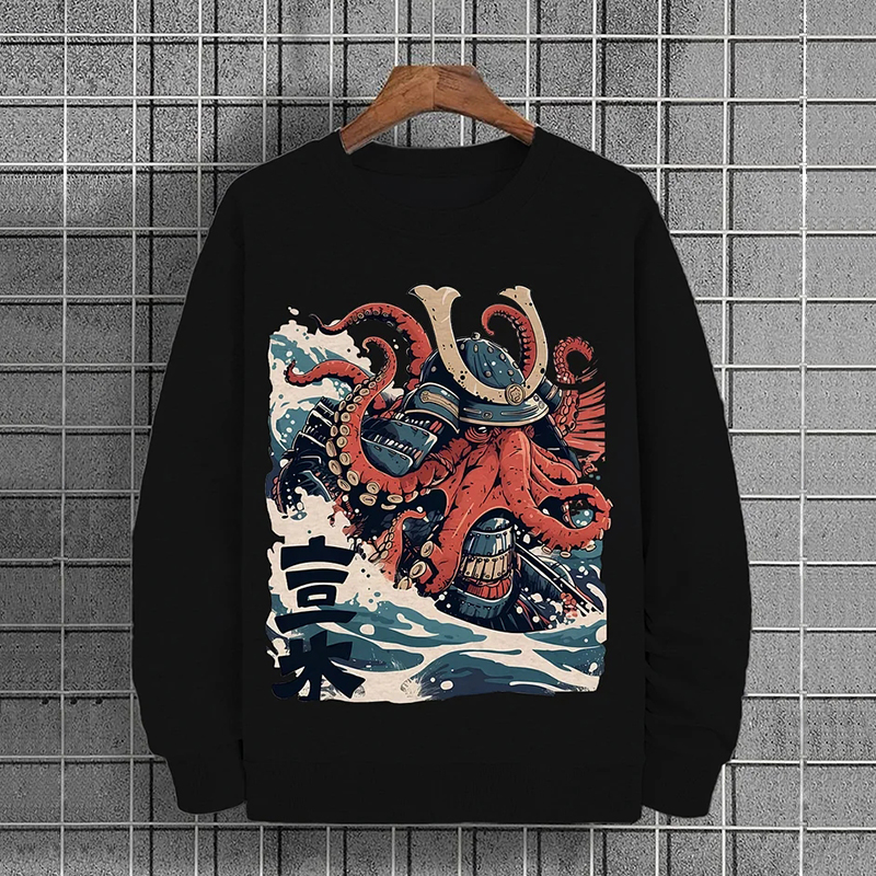 Comstylish Men's Sea Wave Octopus Japanese Art Print Cotton Casual Sweatshirt