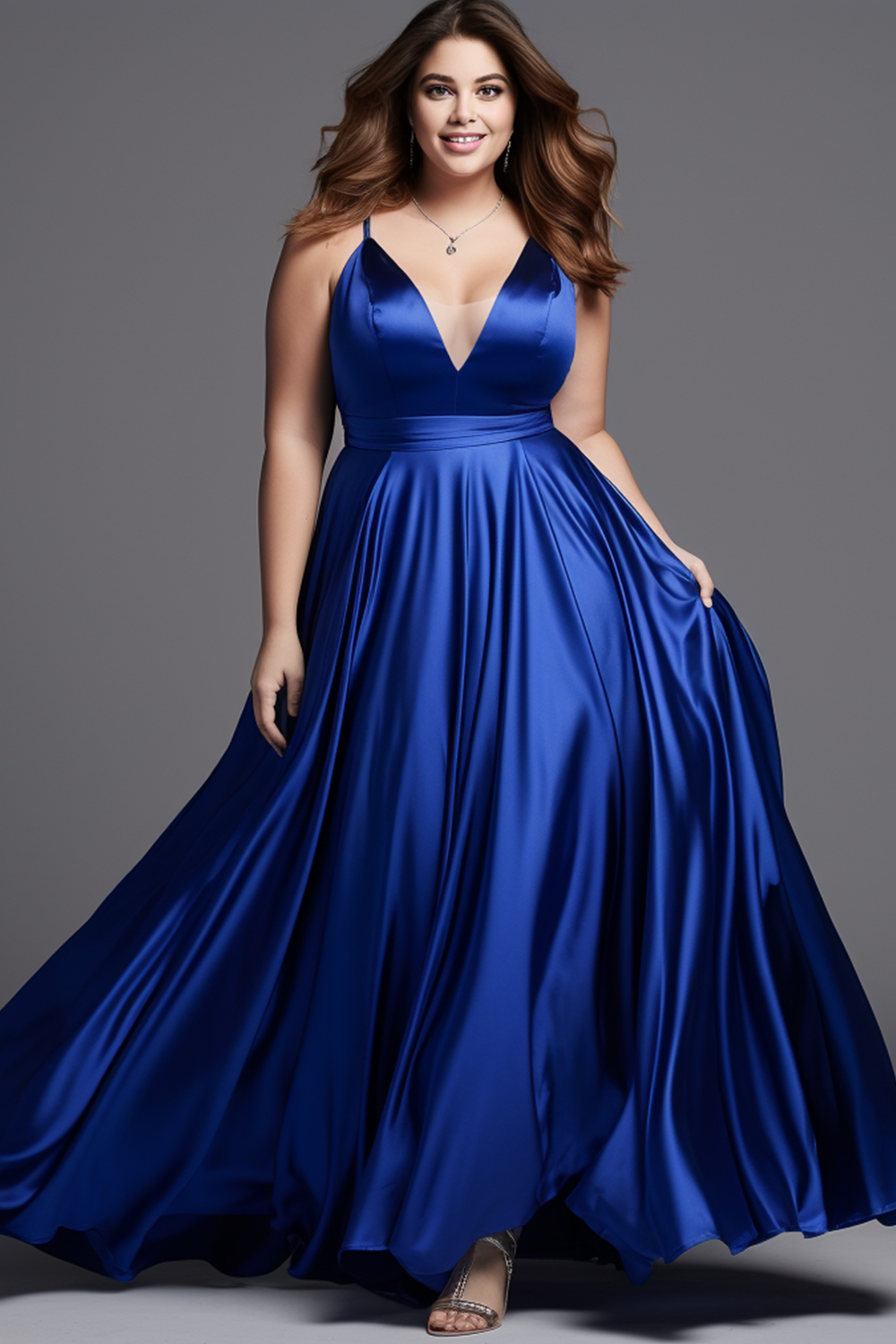 Flycurvy Plus Size Prom Royal Blue Satin See-Through Deep V Neck Cami Maxi Dress