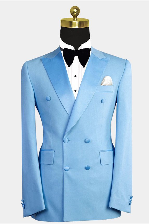 Bellasprom Blue Peaked Lapel Double Breasted Wedding Suit For Men Bellasprom
