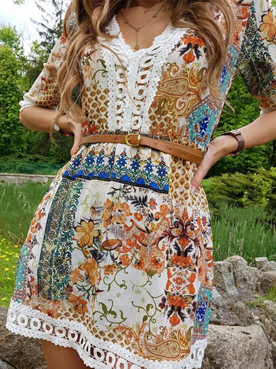 V-Neck lace Splicing printed Floral Dresses