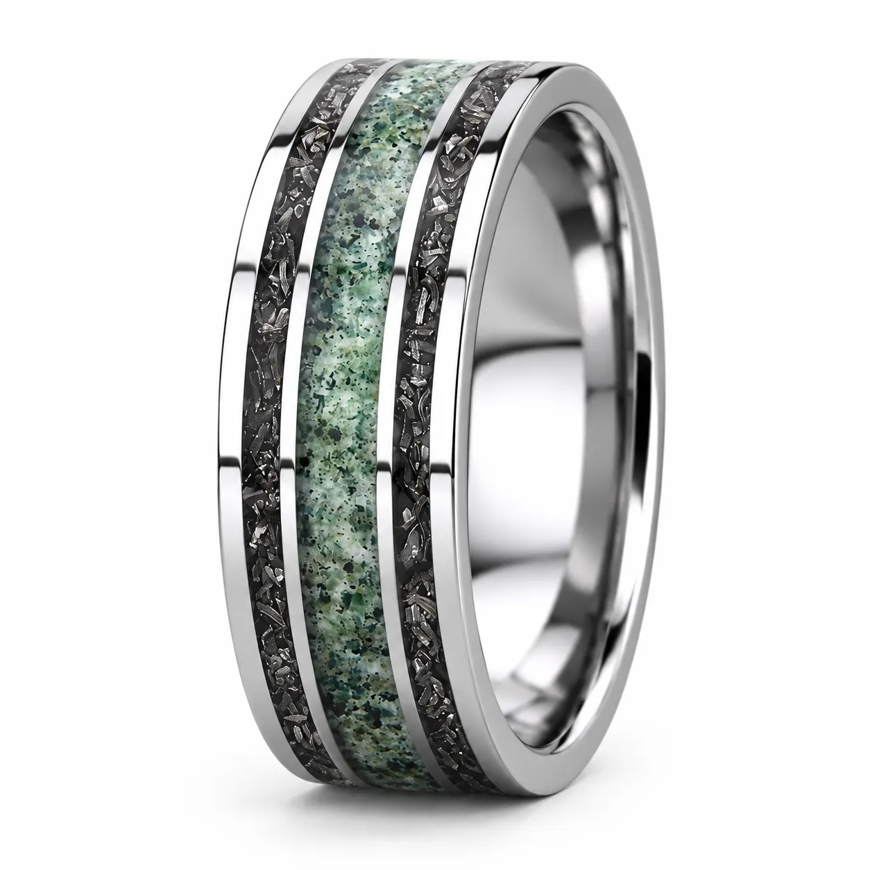  Men's 8mm Tungsten Carbide Ring with Moss Stone and Imitation Meteorite Inlays
