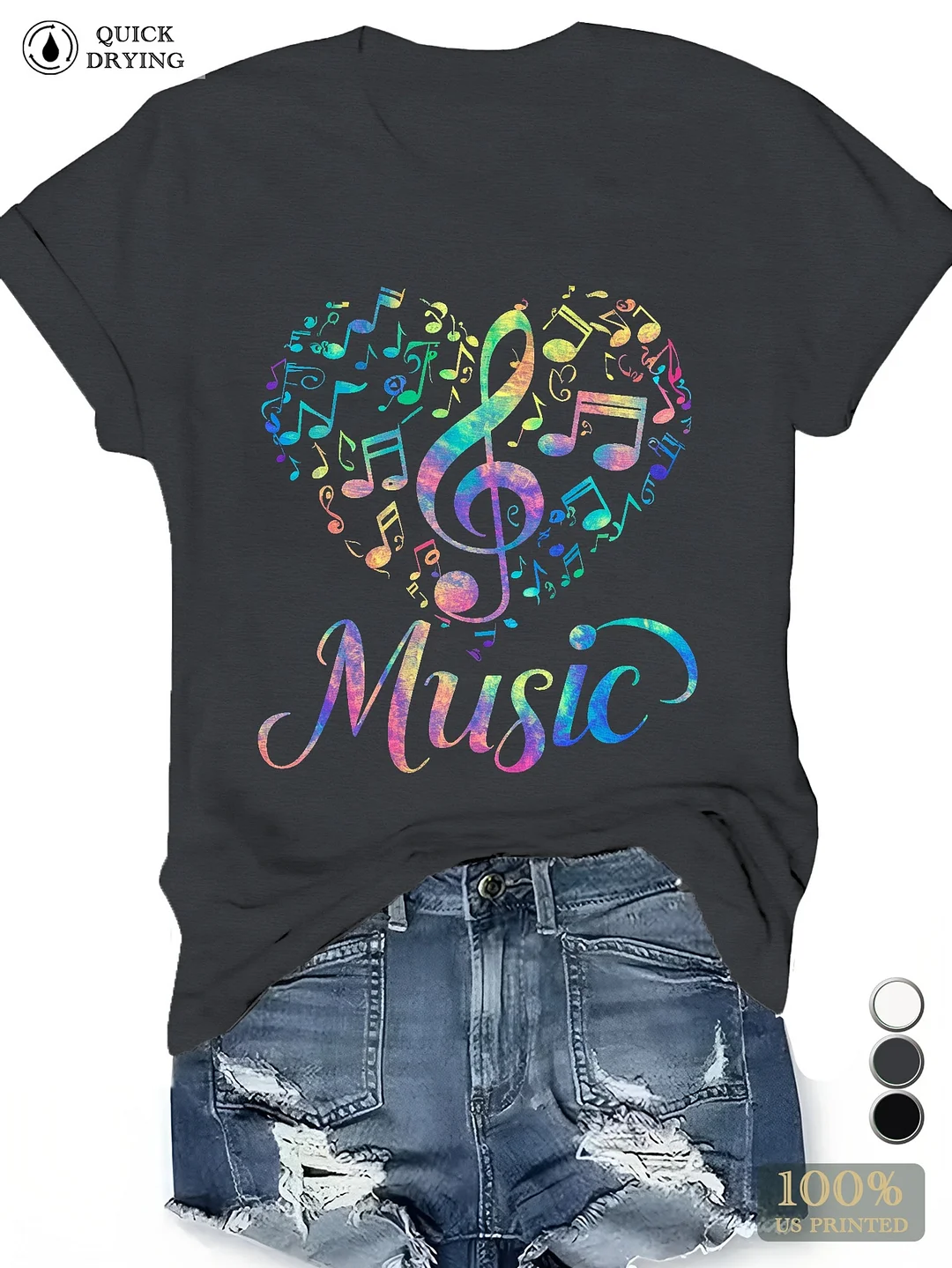Women's Plus Size Music Heart Graphic T-Shirt - Casual Short Sleeve Tee With Musical Notes Design, Quick-Dry Polyester, Round Neck, Machine Washable, White, Music T Shirt | IFYHOME