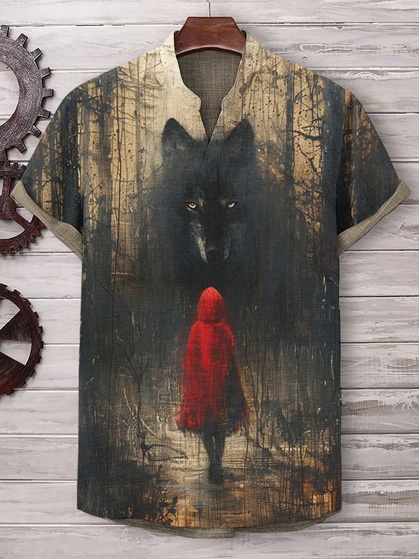 Men's Demon Wolf Red Robe Woman Art Print Linen Blend V Neck T-Shirt