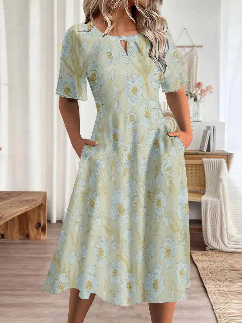 Women Floral,Green DZHA8208 Short Sleeve Scoop Neck Graphic Printed Hollow Midi Dress