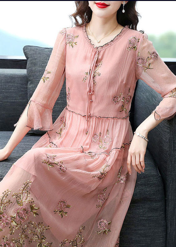 VCSHOES Pink Ruffled Collar Embroideried Silk Maxi Dresses Flare Sleeve