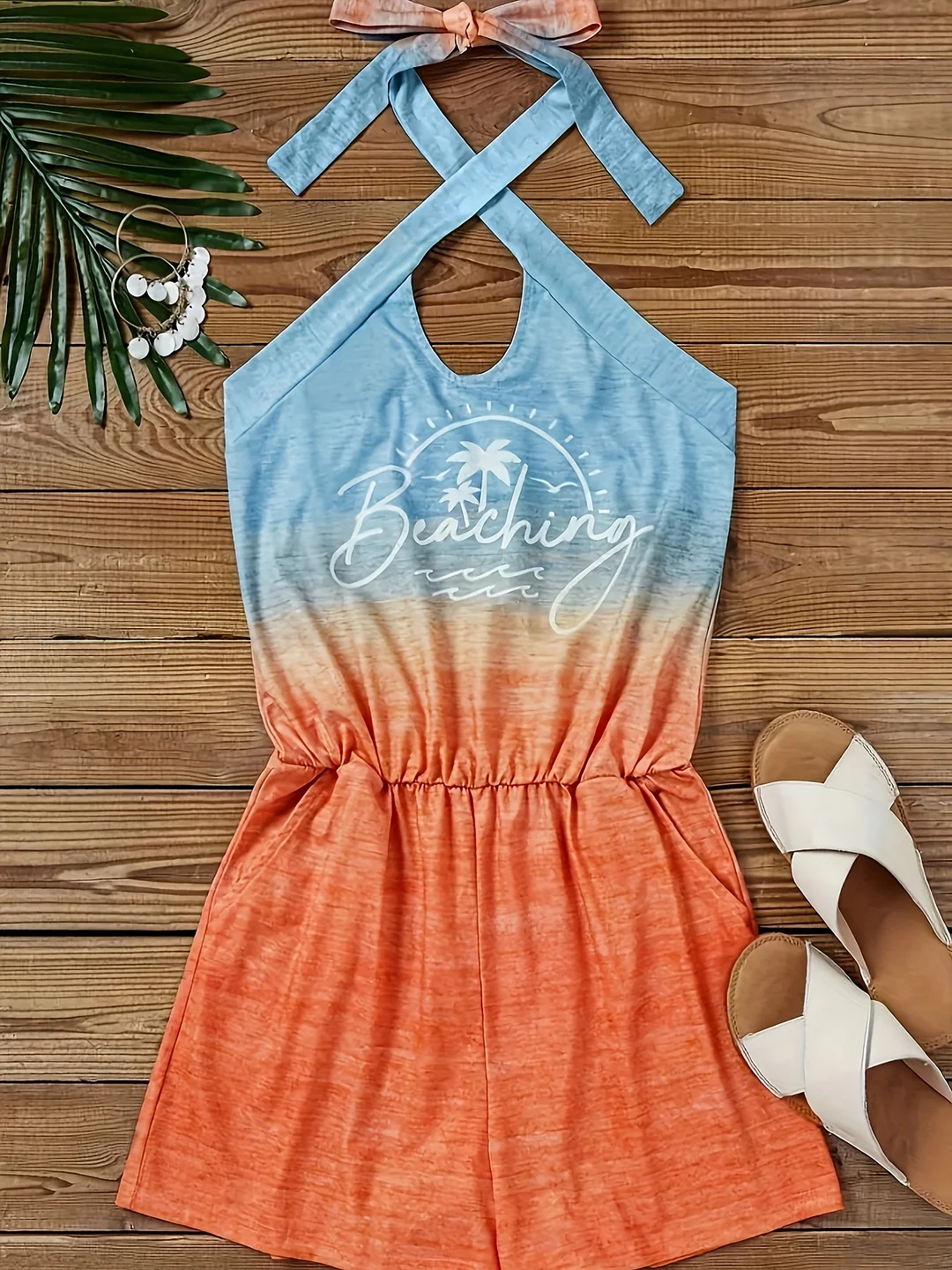 Women's Vacation Style Halter Neck Jumpsuit With "Beaching" Print, Gradient Color From Blue To Orange, Shorts Design, Perfect For Spring/Summer, Beachwear | Vacation Style | Polyester Fabric | IFYHOME