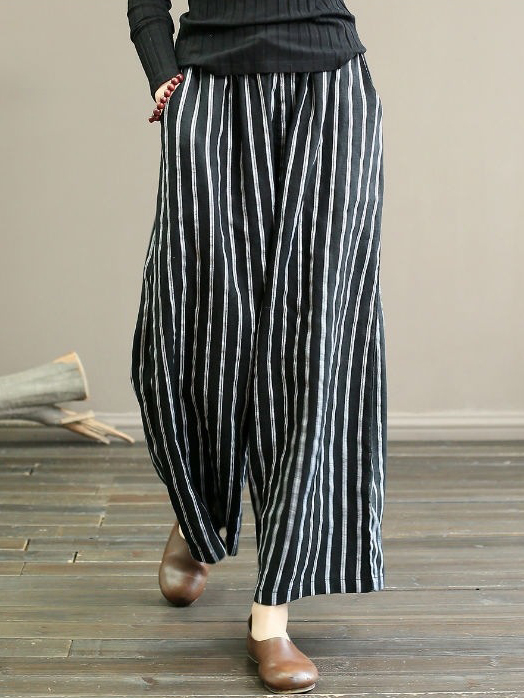 Stripe Cotton Linen Loose High Waist Wide Leg Pants