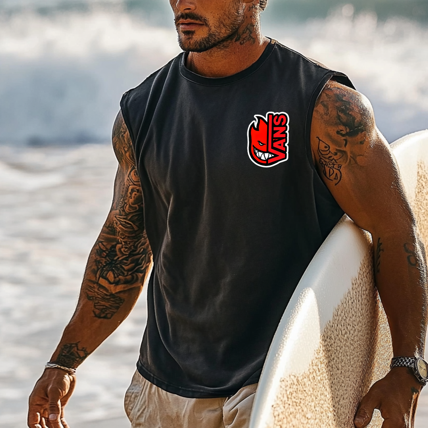  Men's Sleeveless Surf Tee with Bold Logo Design