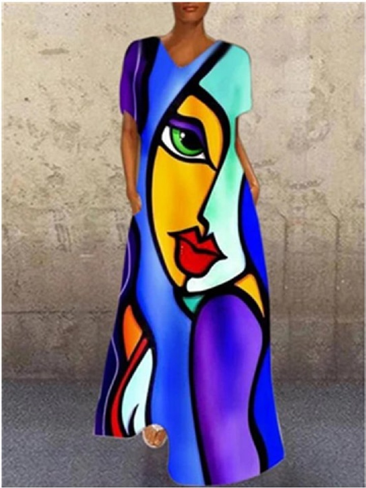 Retro Portrait Cat V-neck Multicolor Four-sided Elastic Dress | 168DEAL
