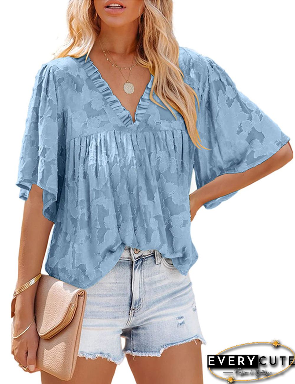 Light Blue Ruffle Detail V Neck Chiffon Floarl Texture Tops