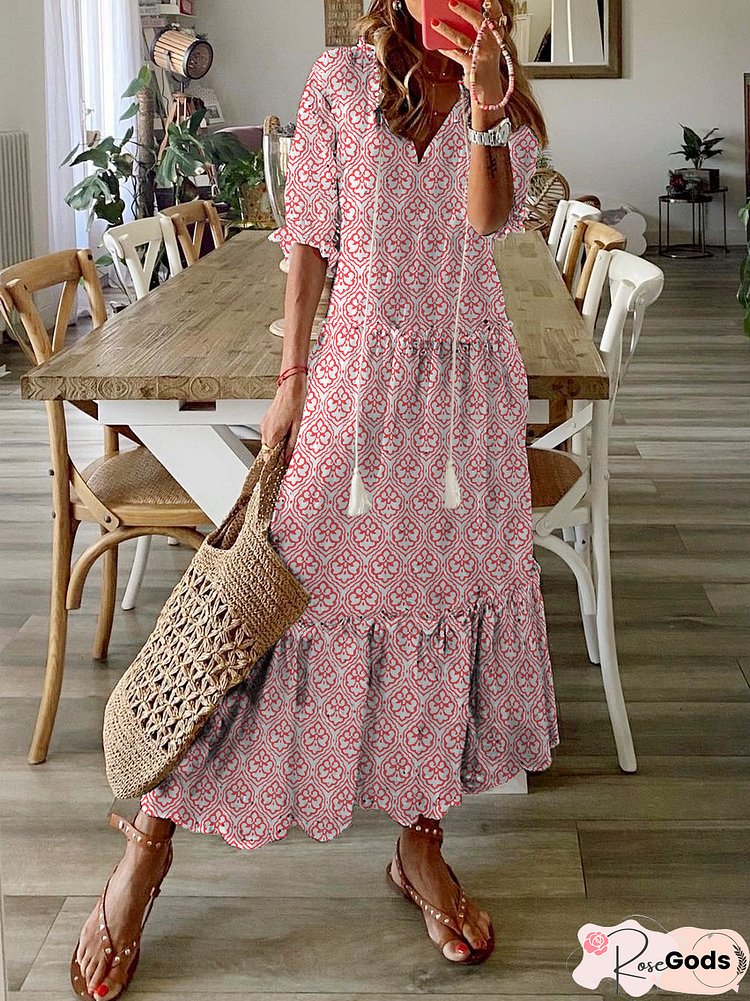 V Neck Short Sleeve Casual Weaving Dress