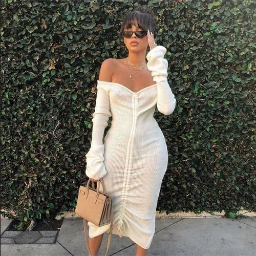 Party Dress Off-the-Shoulder Drawstring Ribbed Knit Maxi Bodycon Dress