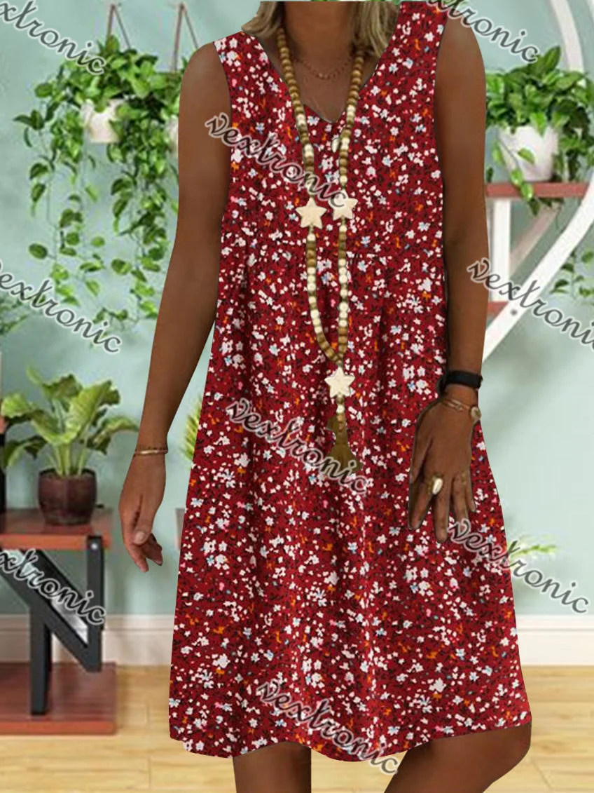 Women's Sleeveless V-neck Red Floral Printed Midi Dress