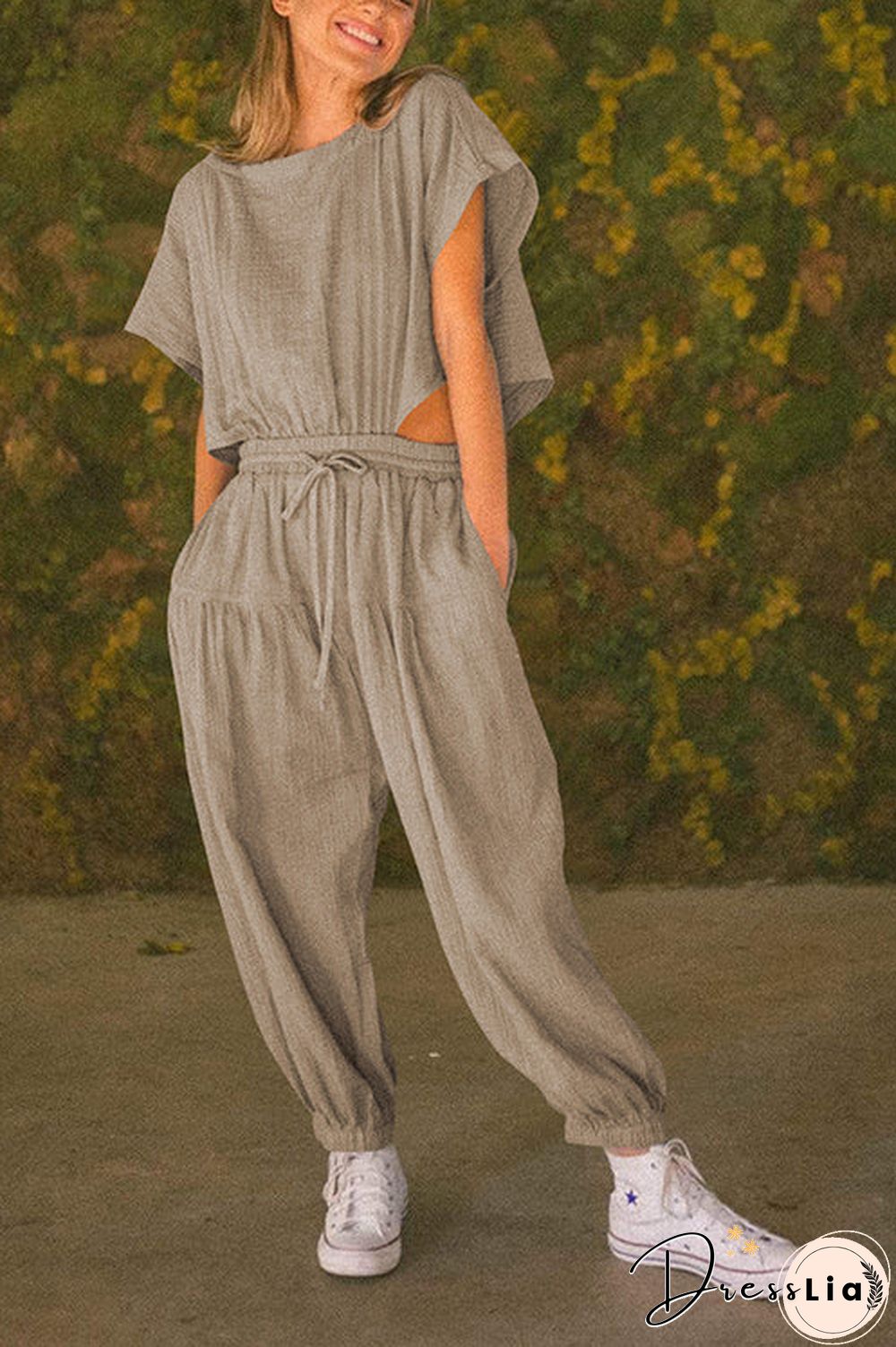 Slit Back Solid Drawstring Jumpsuit