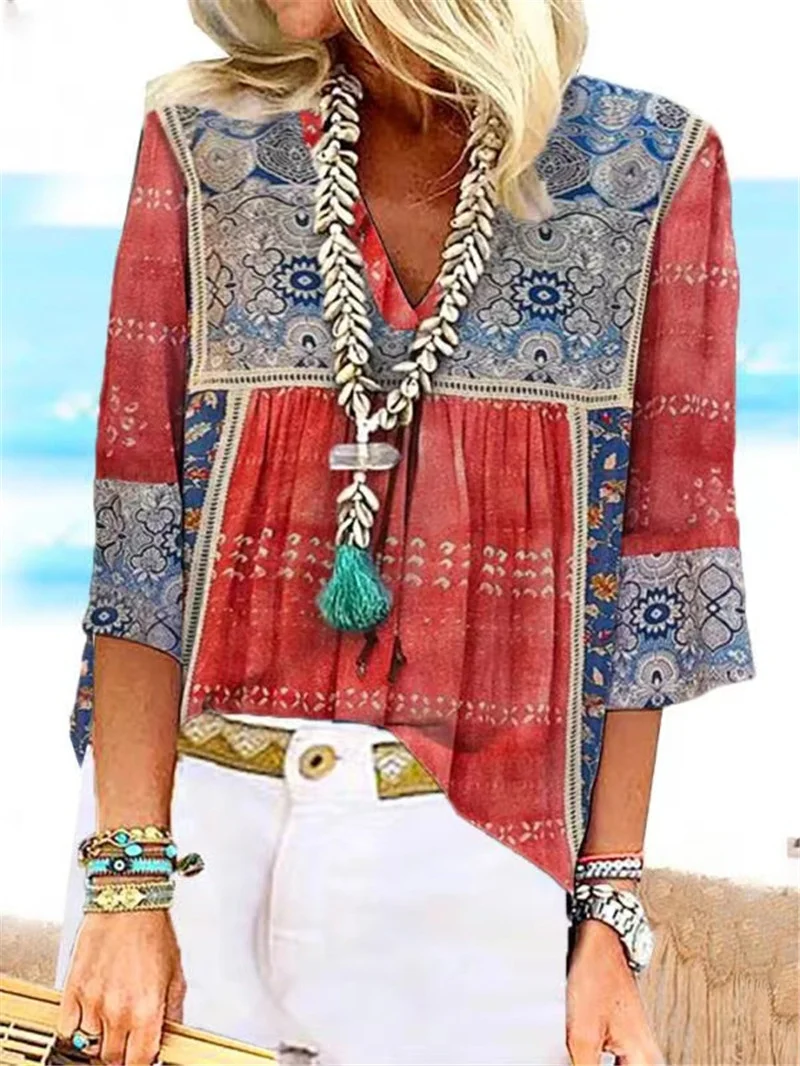 Plus size Boho V Neck Printed Tops