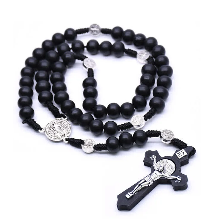 Madonna Cross Black Onyx Rosary Necklace-Black Onyx