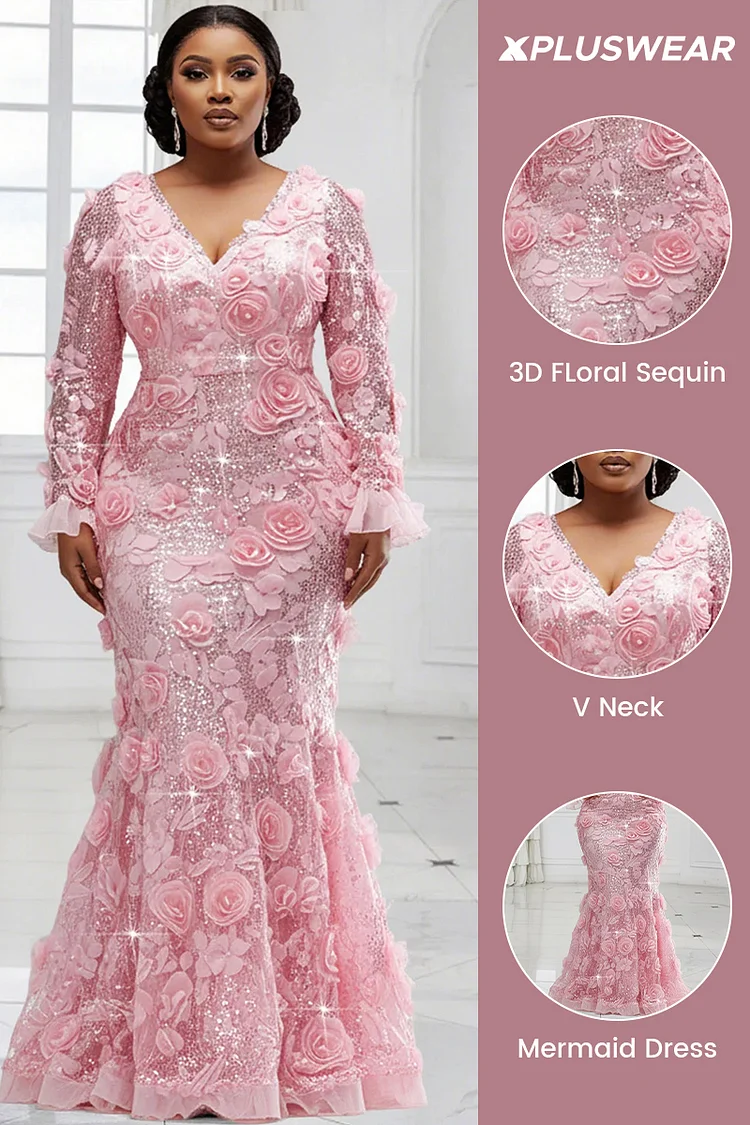 Xpluswear Design Plus Size Formal Pink V Neck Long Sleeve 3D Elegant Mermaid Sequin Maxi Dresses [Pre-Order]