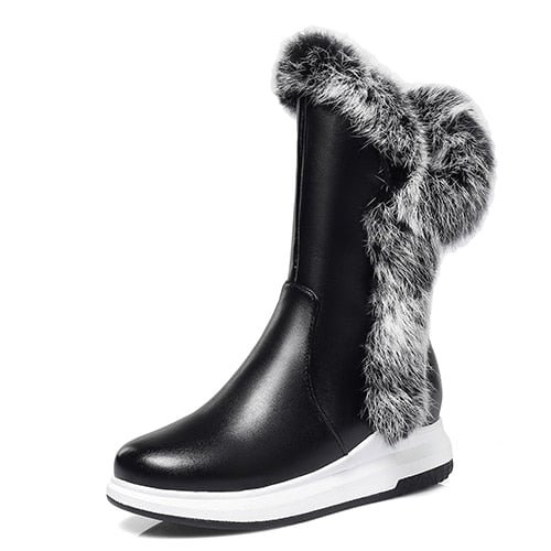 Gdgydh Animal Fur Women Snow Boots Flat Heels 2022 New Winter Cotton Shoes Woman With Zipper Black White Thick Plush Round Toe