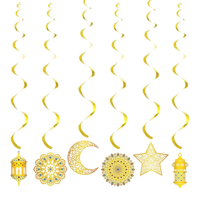 6pcs/set EID Mubarak Decoration Swirl Banner Star Moon Ceiling Hanging Ornament Ramadan Kareem Islam Muslim Party Supplies