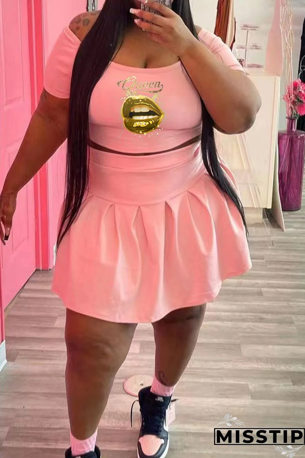 Black Fashion Casual Lips Printed Basic O Neck Short Sleeve Two Pieces