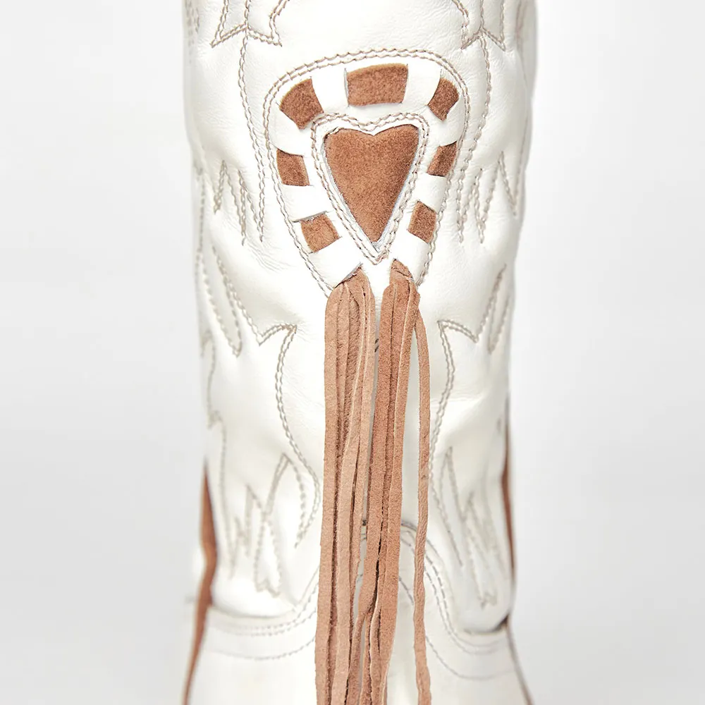 White Pointed Toe Embroidered Stacked Heel Fringe Cowgirl Boots