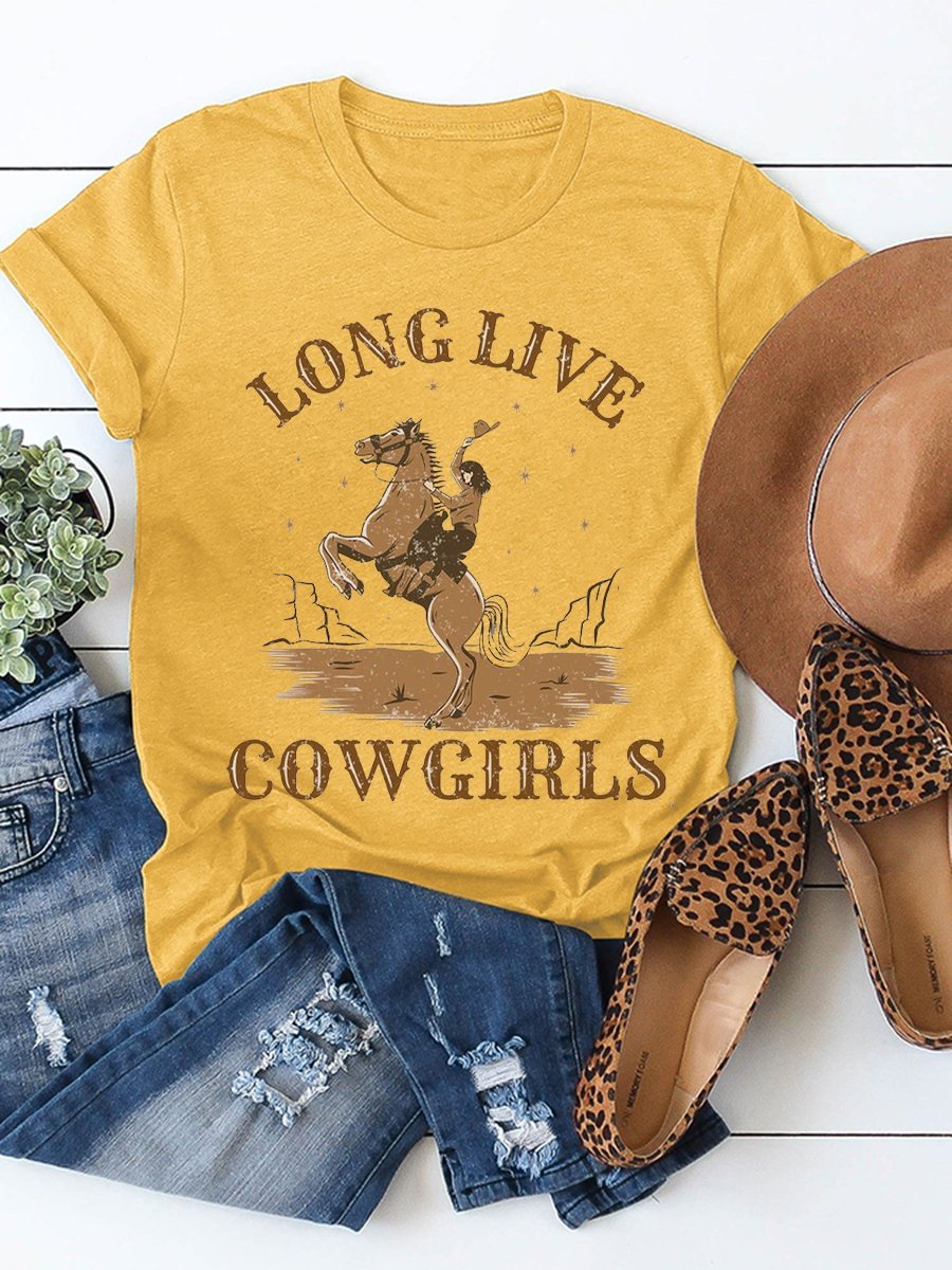 Women's Vintage Western Long Live Cowgirls Print T-Shirt