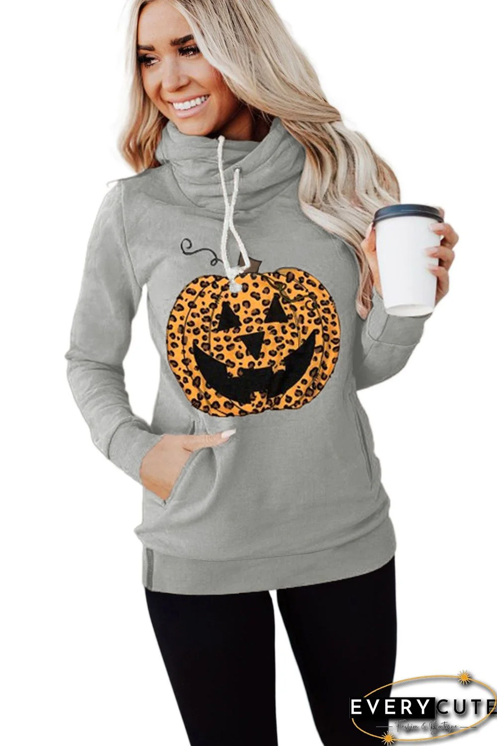 Gray Cowl Neck Pumpkin Print Halloween Hoodie