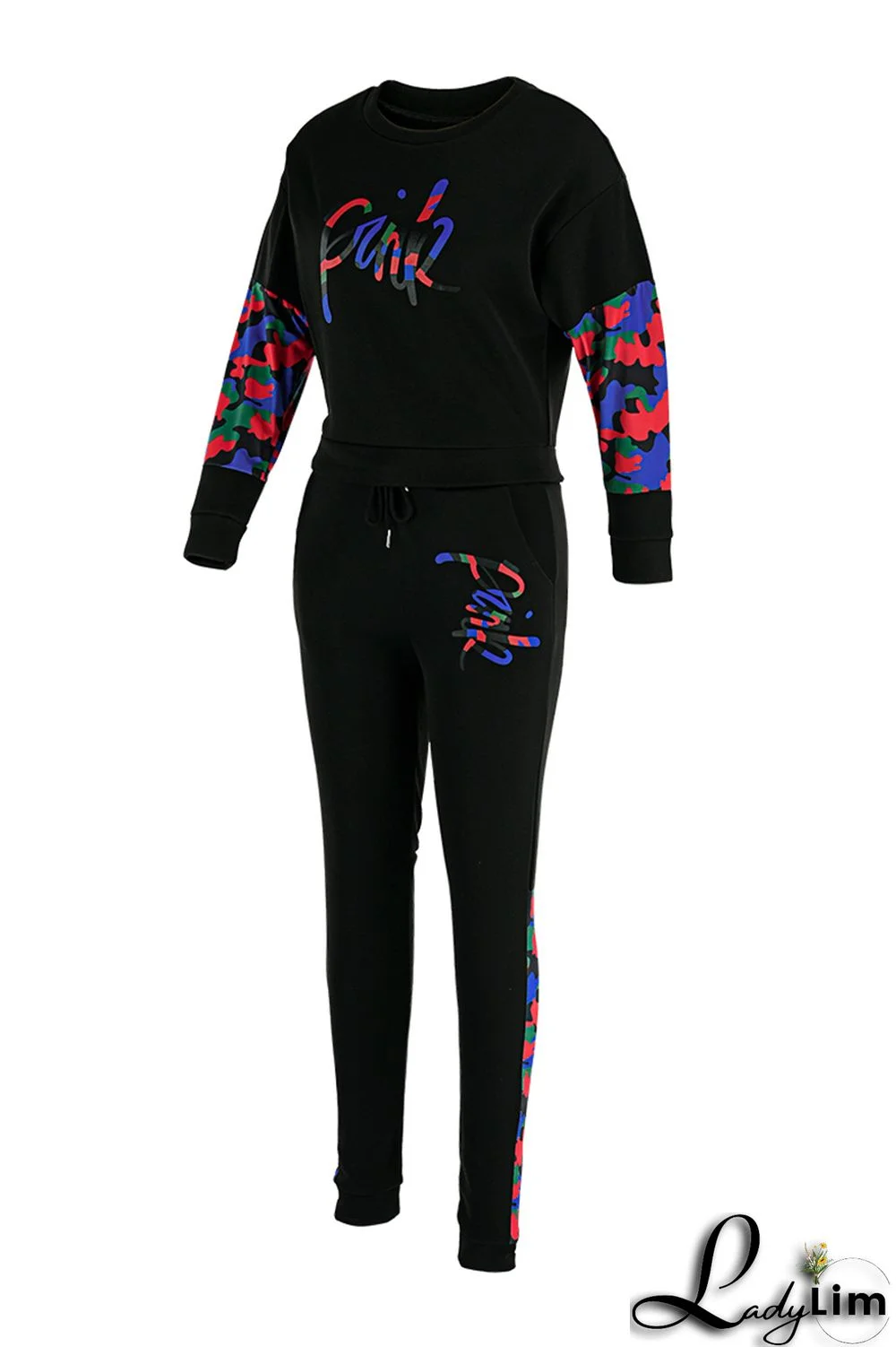 Black Fashion Casual Letter Print Patchwork O Neck Long Sleeve Two Pieces