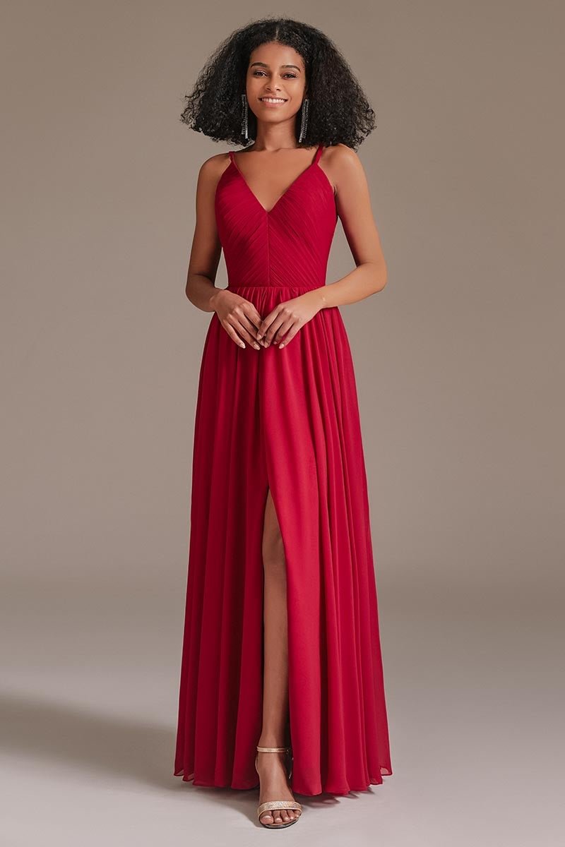 Rotes V-Ausschnitt Brautjungfernkleid mit Schlitz BD0026 Lunass
