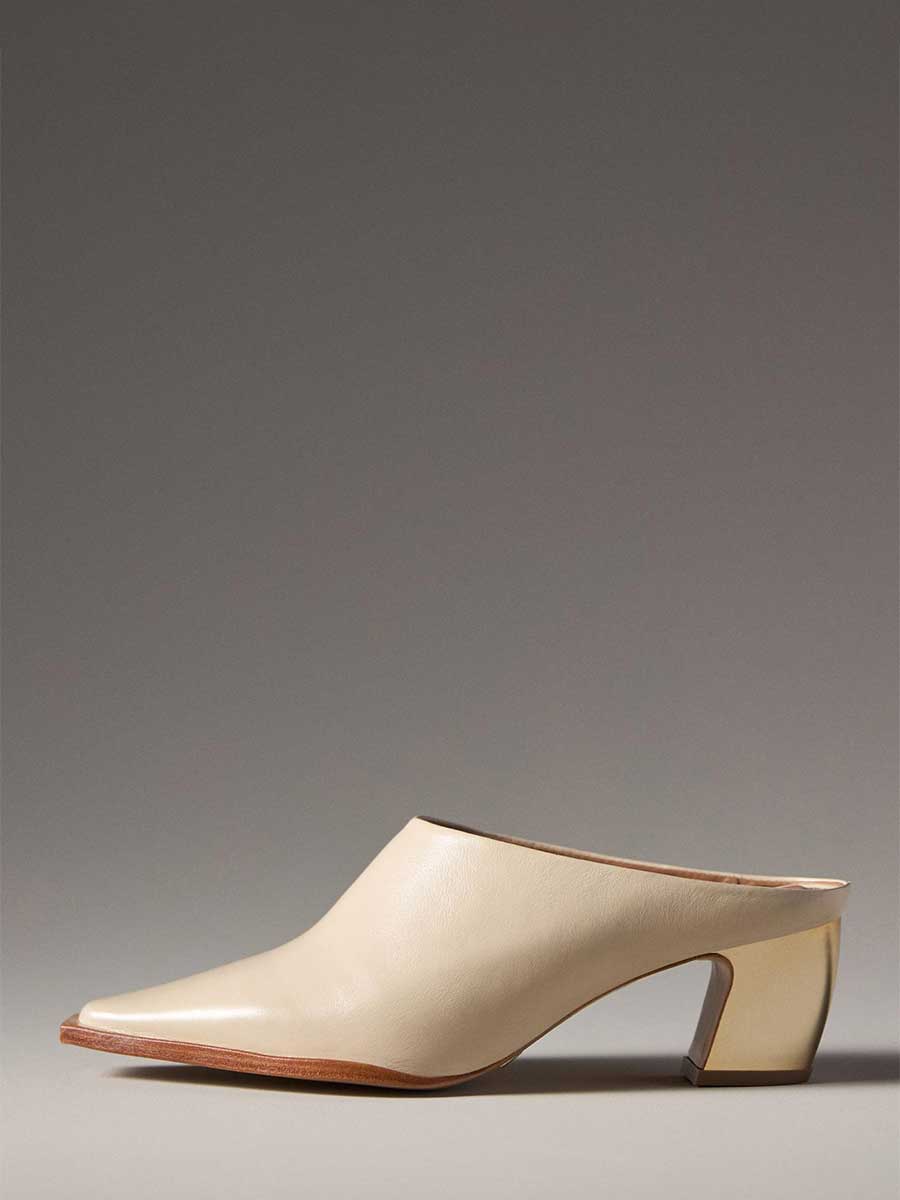 Beige Snip Toe Metal Chunky Heel Western Mules for Women