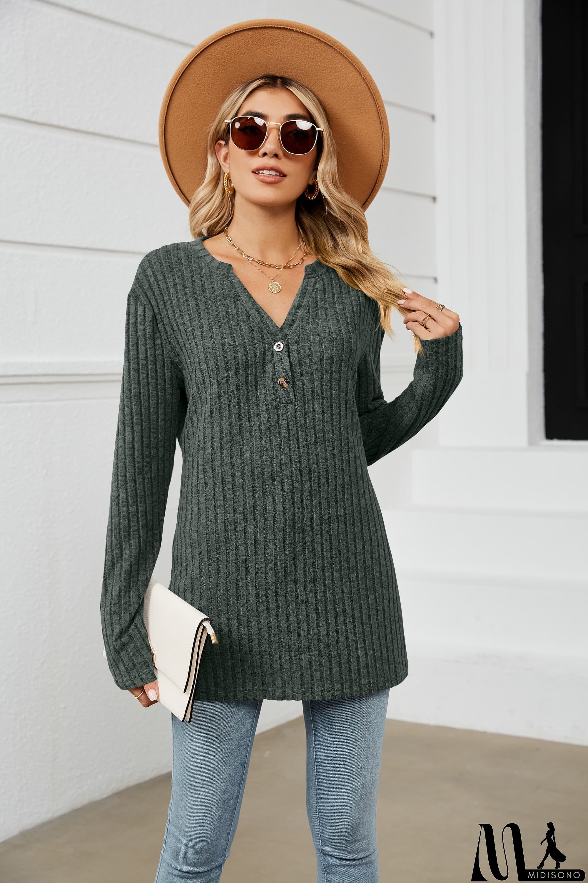 MidiSono - Notched Neck Ribbed Long Sleeve T-Shirt