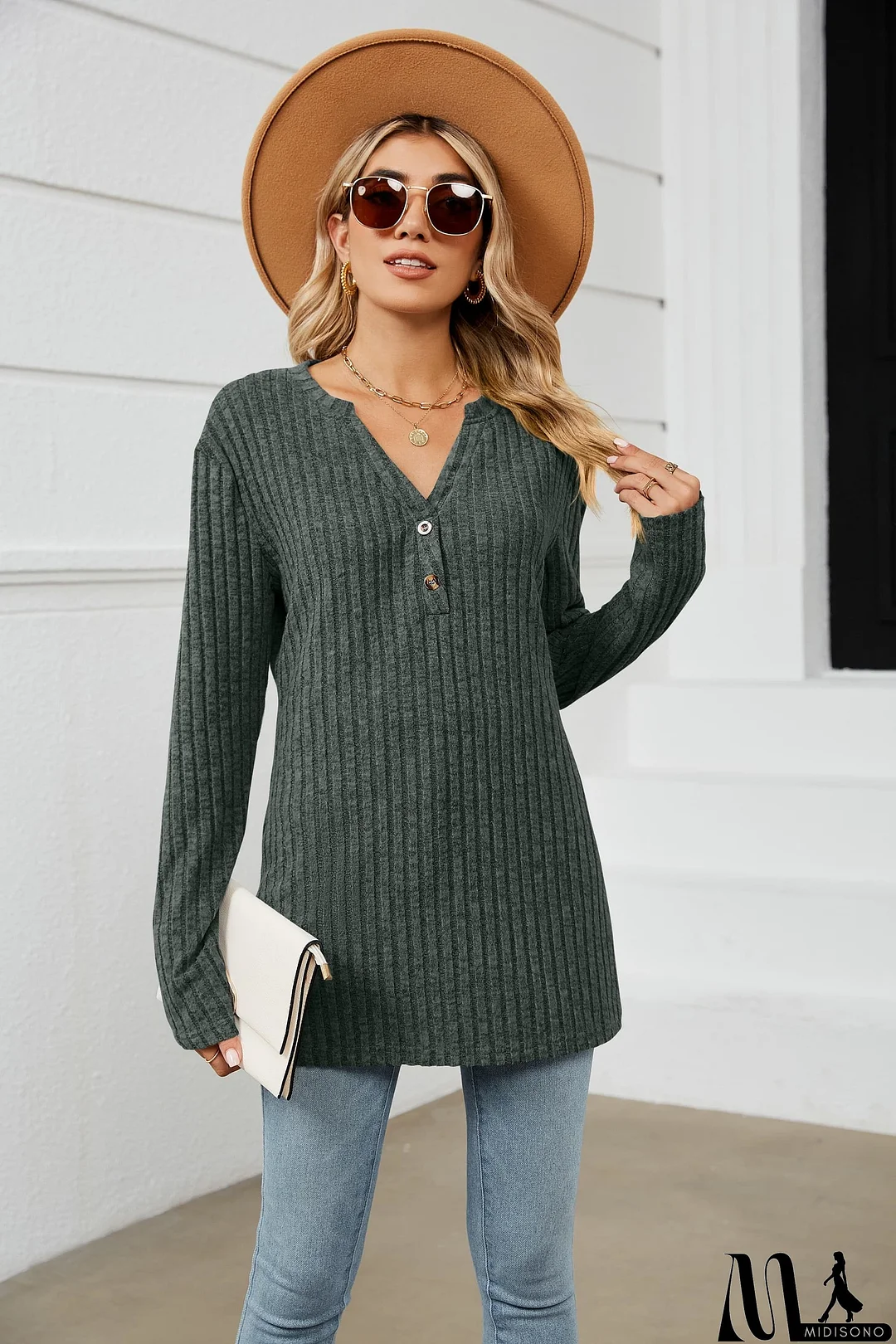 MidiSono - Notched Neck Ribbed Long Sleeve T-Shirt