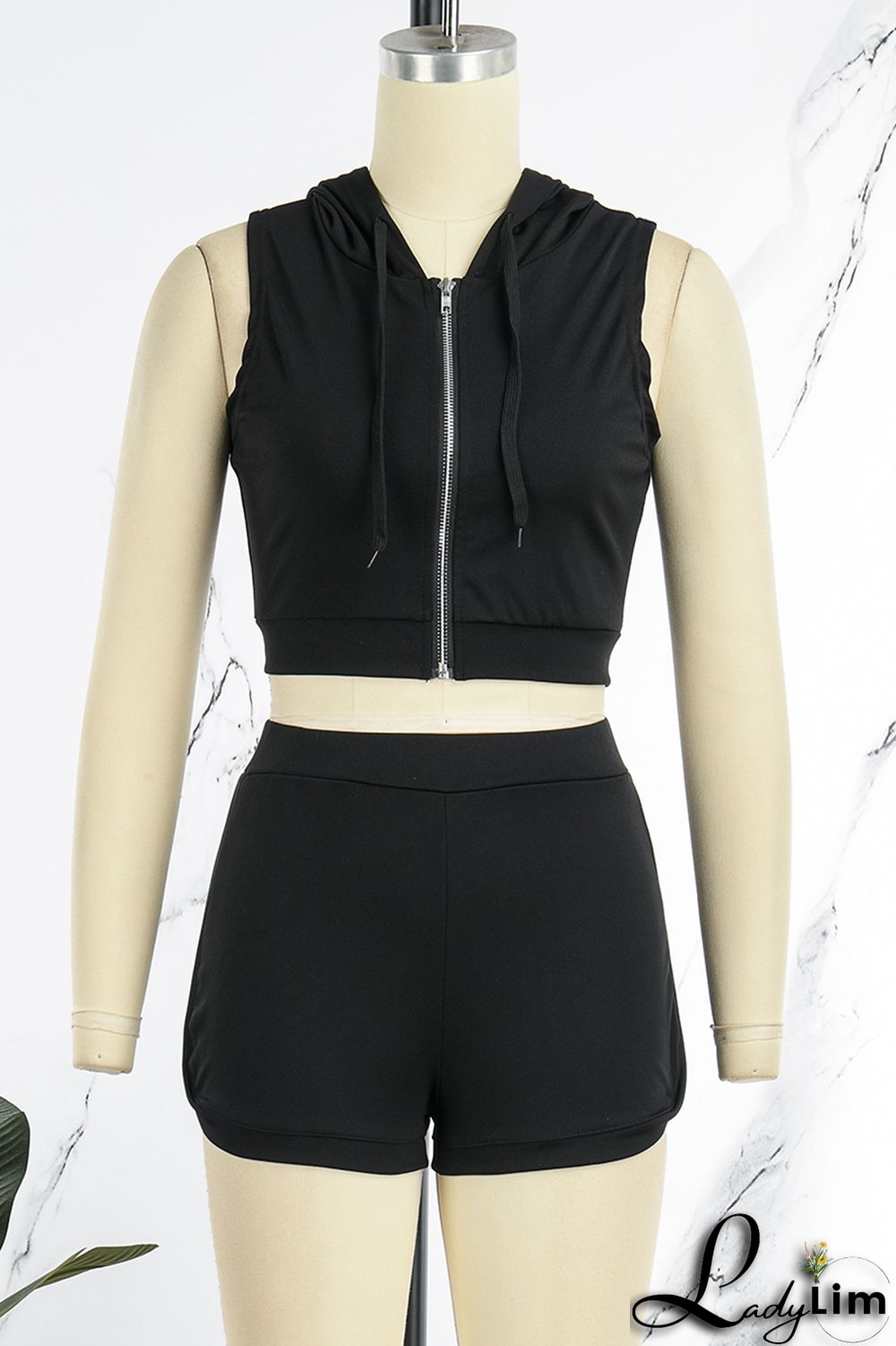 Black Casual Solid Basic Hooded Collar Sleeveless Two Pieces