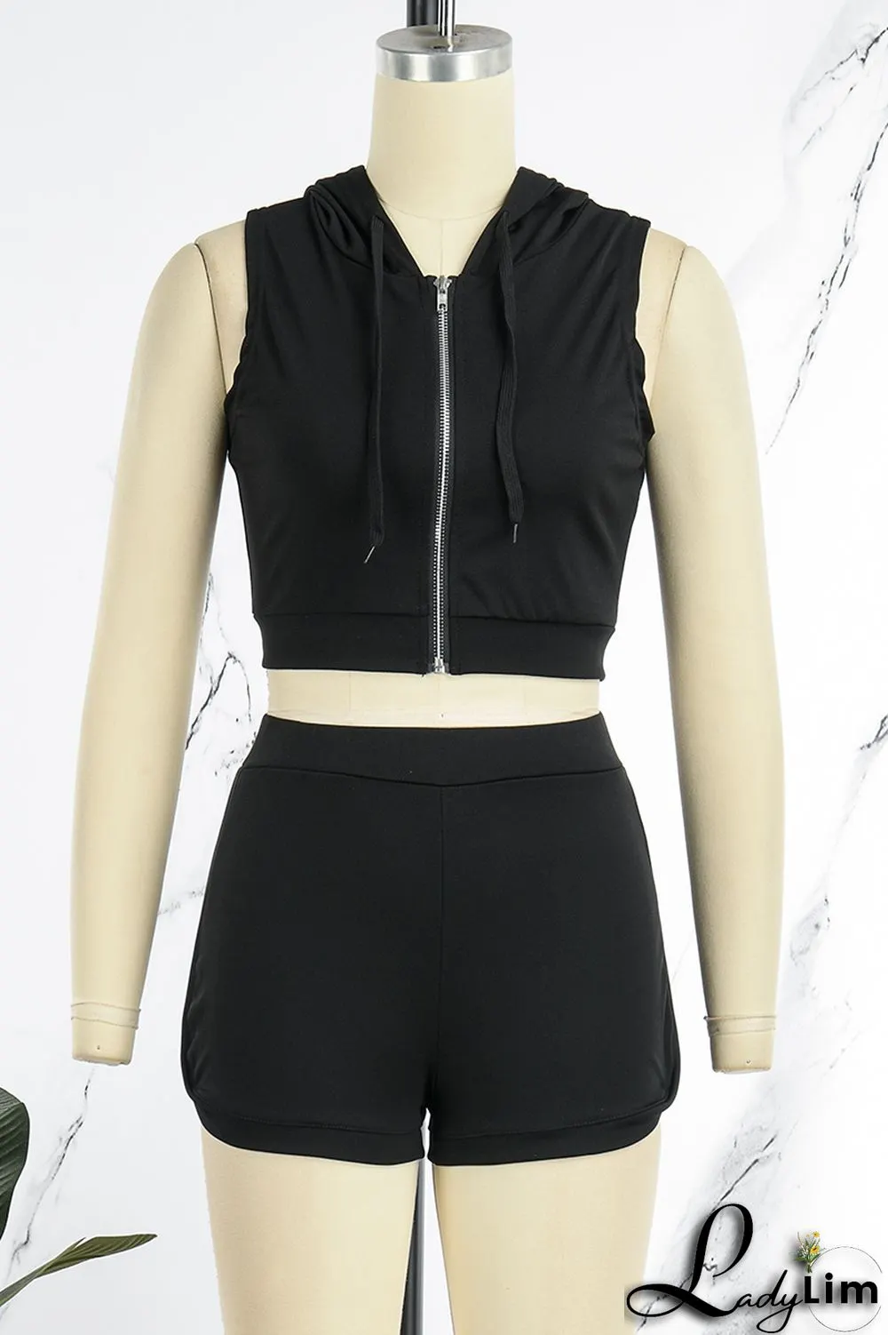 Black Casual Solid Basic Hooded Collar Sleeveless Two Pieces
