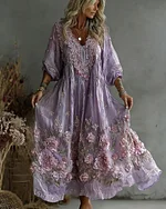Women's Retro Floral Art Flowy Linen Blend Casual Long Sleeve Maxi Dress - Image 9