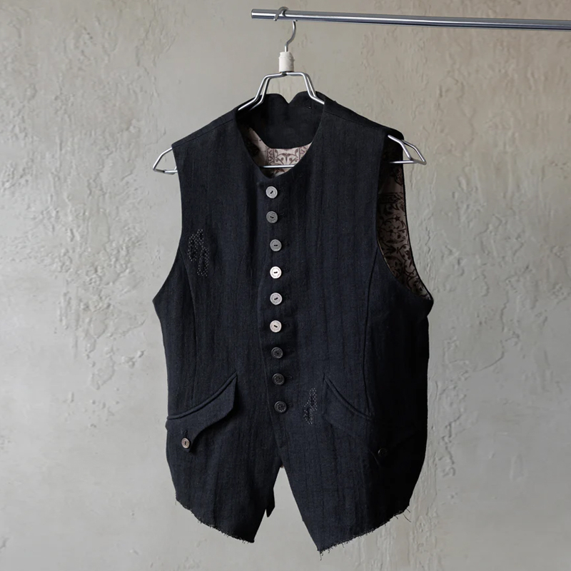 Men's Cotton And Linen Striped Single-Breasted Vest