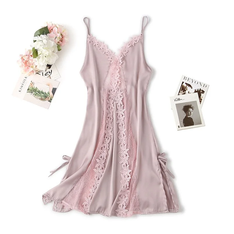 Appliques  Nightgown Satin Women Lace Sleep Dress Loose Hollow Out Nightdress Sleepwear V-Neck Rayon Home Dressing Gown
