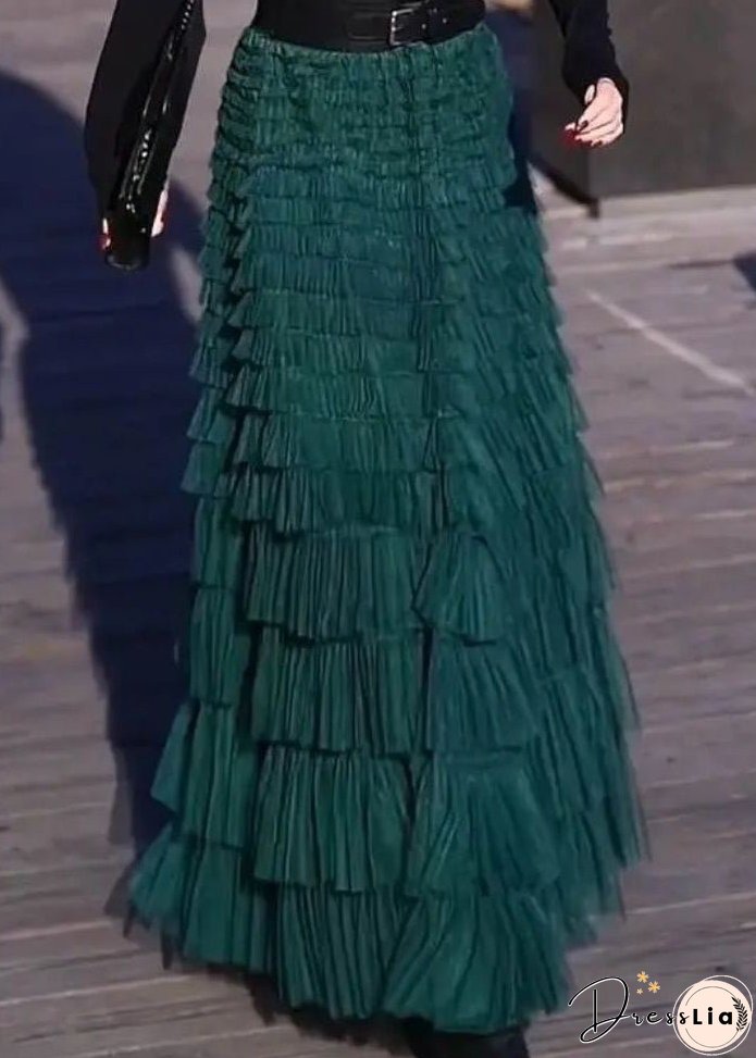 Women Black Wrinkled High Waist Patchwork Tulle Skirt Spring