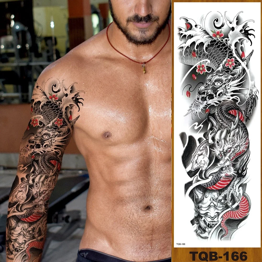 Full Flower Arm Temporary Tattoo Stickers Man Woman Adults Girls Body Sexy Fake Tatoo Dragon Tiger Mythical Beast Koi Skull DIY
