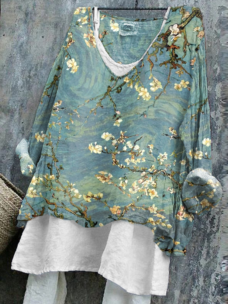 Comstylish Women's Vintage Oil Painting Art Print Linen Blend Shirt