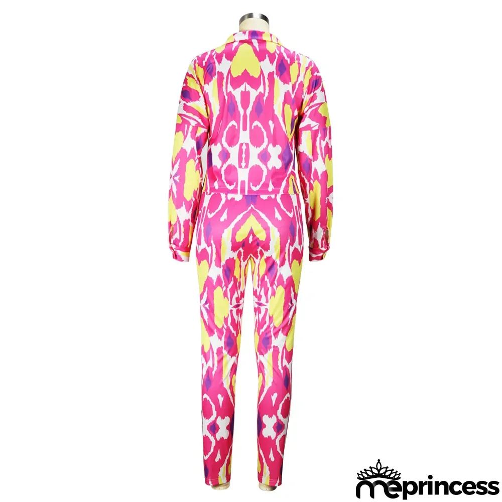 Spring/Summer Knotted Crop Print Turndown Collar Shirt Pants Suit Fall/Winter Women's Two Piece Set