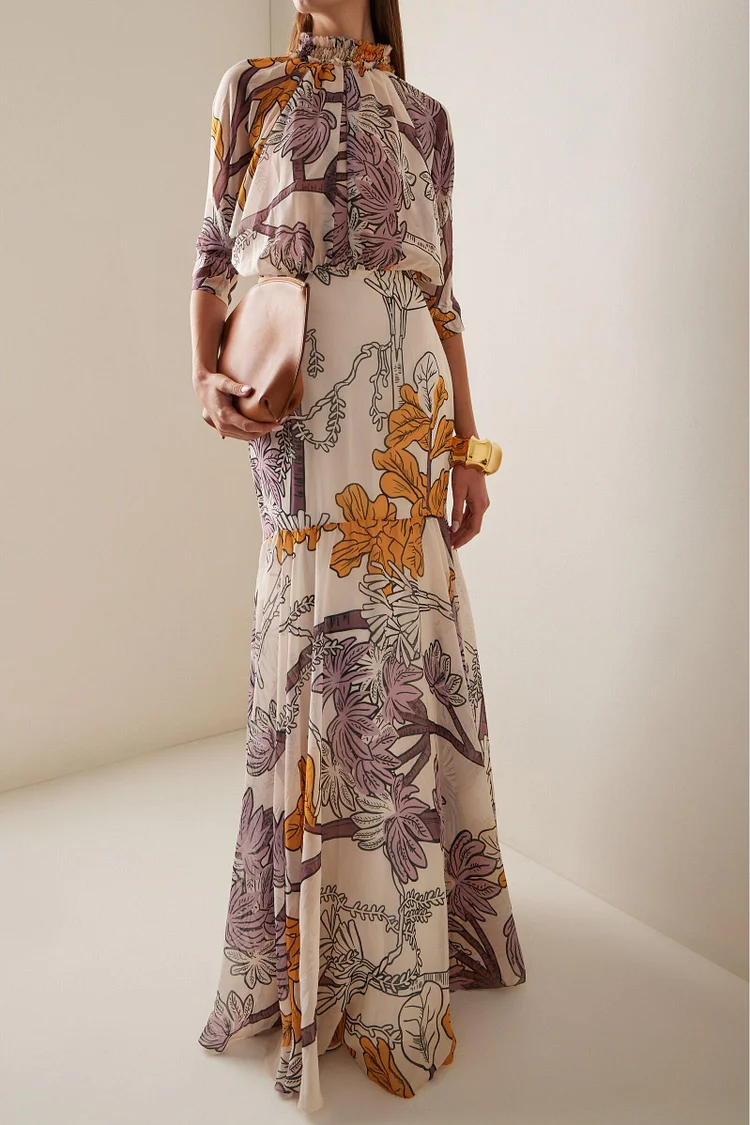 Chiffon Botanical Print Frill Maxi Dress